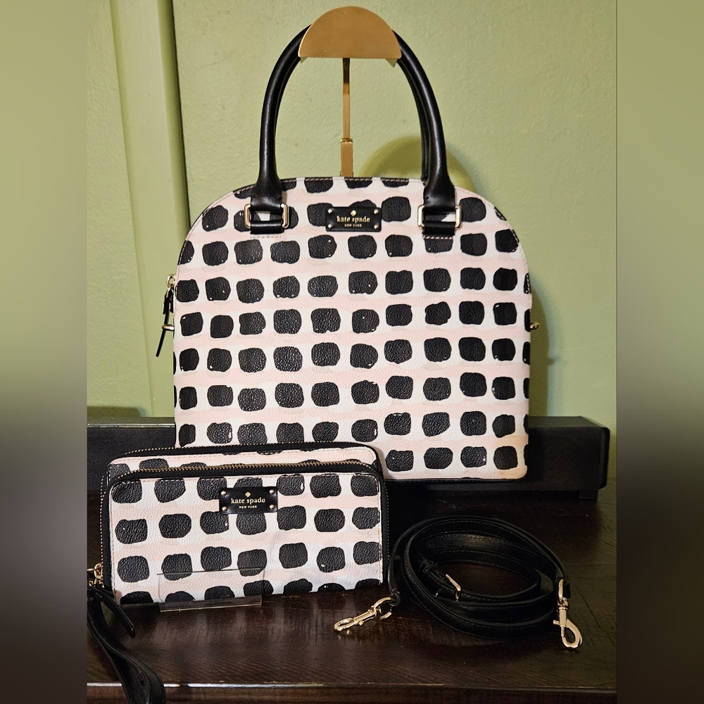 KATE SPADE Purse Crossbody Long Wallet matching set EUC Black White Pink Leather